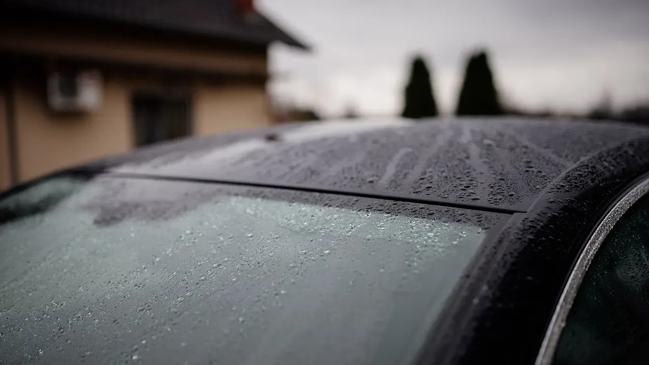 Water droplets clinging to a protected car exterior